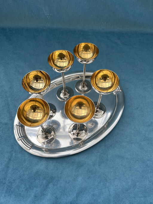 Elegant Art Deco liqueur set with tray - Silver-plated alpacca - Circa 1930/40