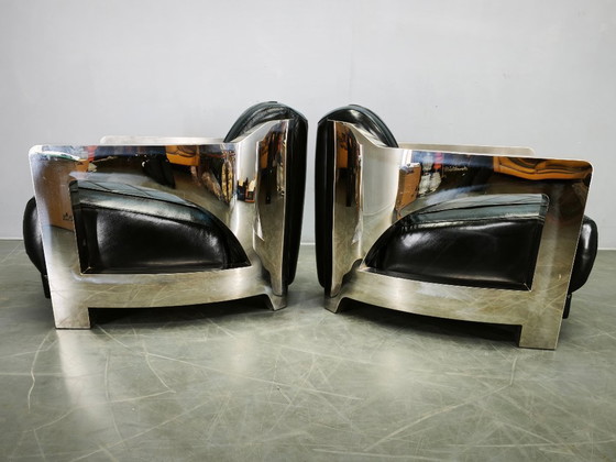Pair of Timothy Oulton Aviator Leather and Steel Armchairs 1990s (photo 9 of 12)
