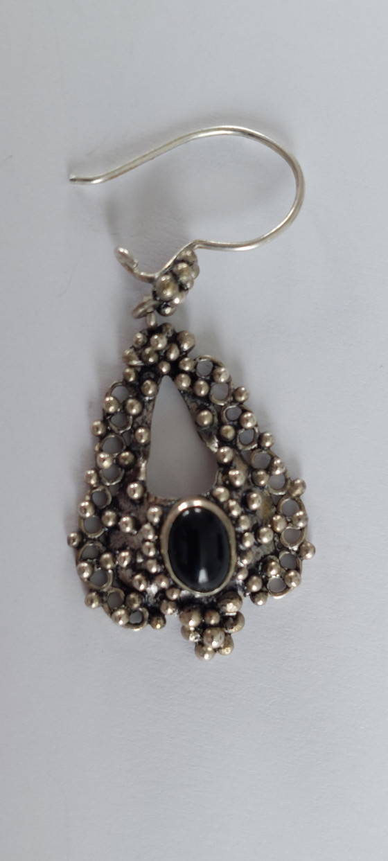 Image 1 of Handmade Vintage Silver Earrings (900 Silver) with Black Stone / Onyx