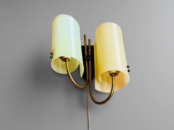 Image 1 of Applique a doppia luce beige e verde di metà secolo moderno con cavo di trazione, anni '70