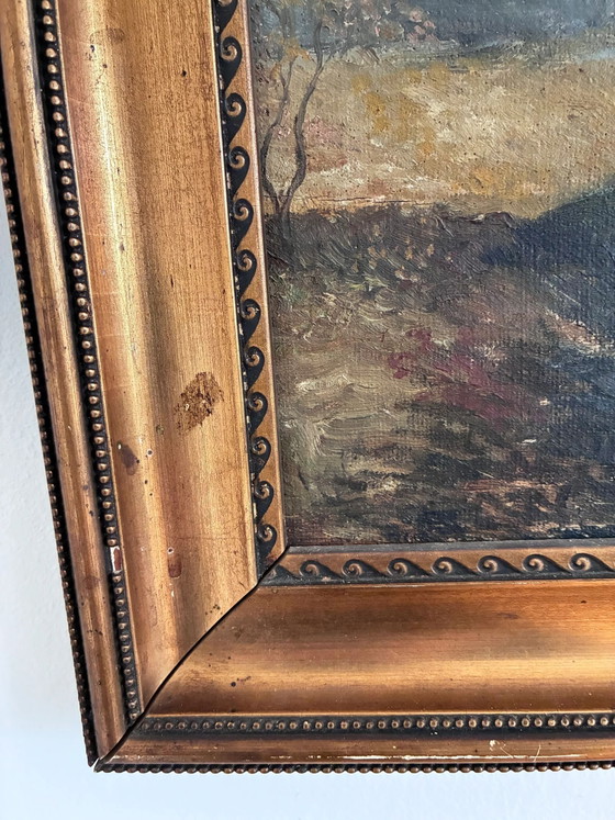 Image 1 of Peinture à l'huile originale ancienne représentant un paysage forestier, vers 1910