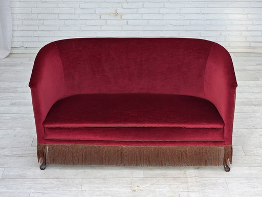 1960s Danish 2-Seater Sofa, Red Furniture Velour, Ash Wood Legs