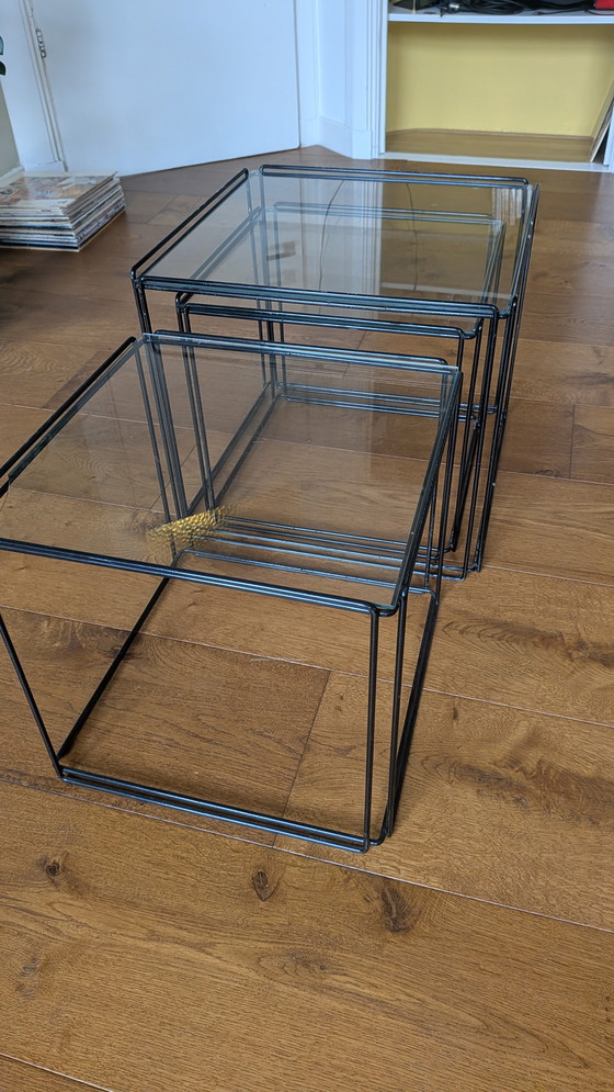 Image 1 of Set di 3 tavoli di design Max Sauze - acciaio nero e vetro, vintage