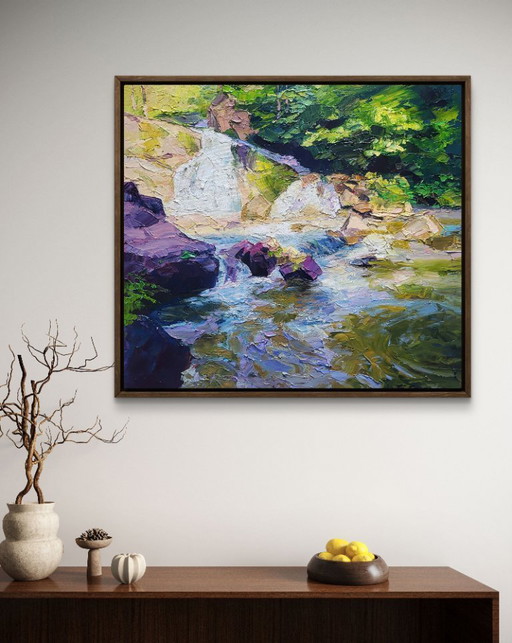 Original Oil Painting Natural Landscape Mountains Waterfall in Nature