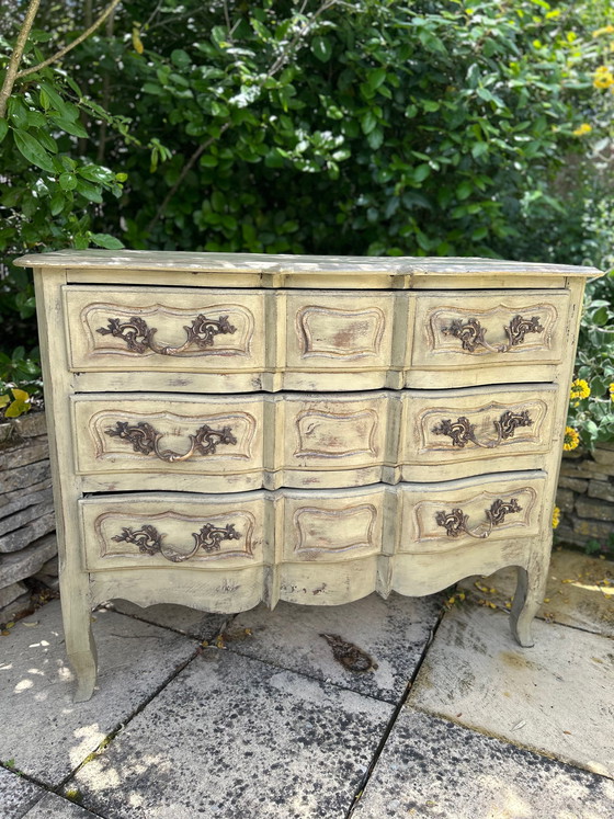 Image 1 of Antique curved chest of drawers with a pistachio green patina