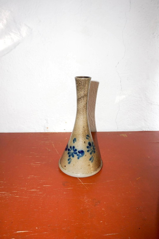 hand-thrown stoneware vase with cobalt blue floral glaze * vintage studio pottery * tall flower vase with narrow neck * ceramic 