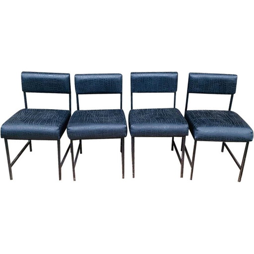 Set di 4 sedie basse vintage in metallo nero e skai nero opaco, 1980