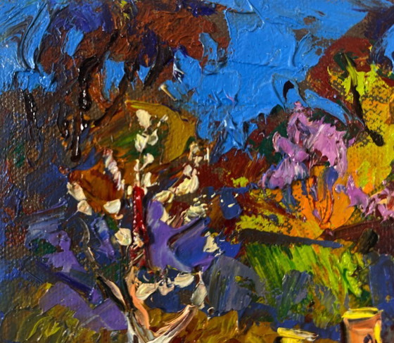 Image 1 of Original Oil Painting Colorful Village Landscape Evening ray over spring fields