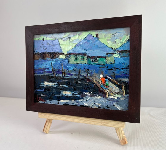 Image 1 of Original Oil Painting Winter River Landscape The evening light of the native house