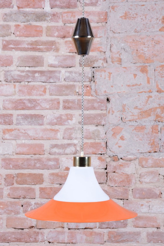 Restored Mid-Century Chandelier, Brass, Lacquered Steel, Czech, 1960s, Pendant lamps, Glass, Metal, Gold (photo 2 of 14)