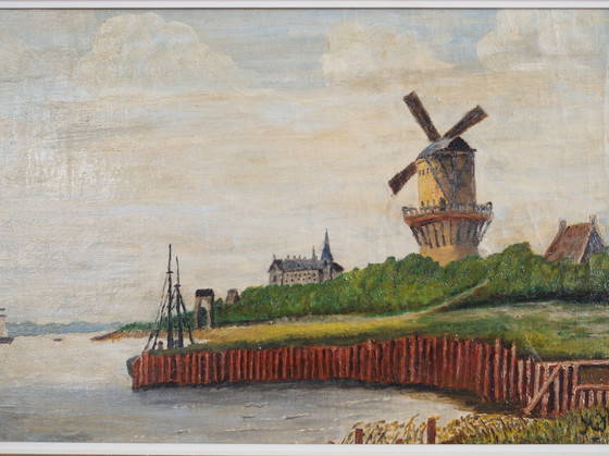 Image 1 of Peinture "Le moulin à vent au-dessus de la marina", design scandinave, années 1970