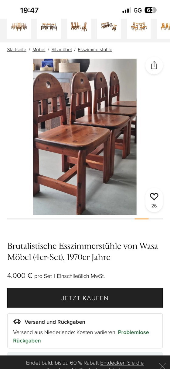 Image 1 of 5 Wasa Furniture eetkamerstoelen | Brutalistische designklassiekers | Scandinavische massief houten stoelen uit de jaren 70