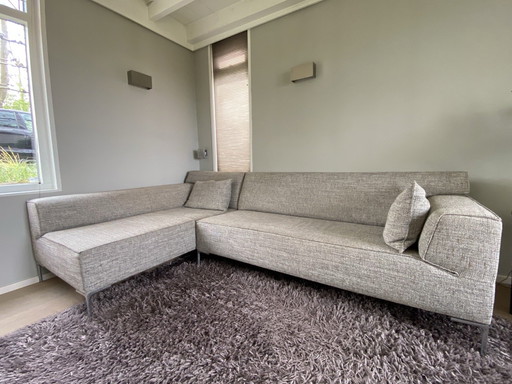 Canapé Bloq 2,5 places et fauteuil long, comprenant deux coussins carrés, coloris gris clair chiné