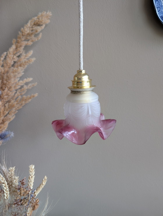 Image 1 of beautiful unique small vintage pendant lamp opaline shade pink ruffled edge