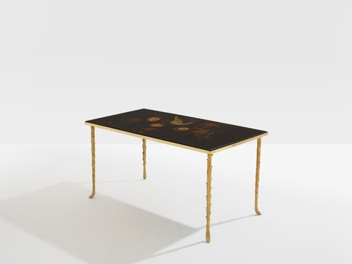 Petite table basse en bambou et laiton laqué chinois Maison Baguès, années 1950