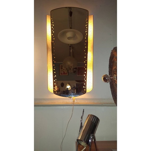 Miroir lumineux vintage en tôle perforée et laiton, 1950
