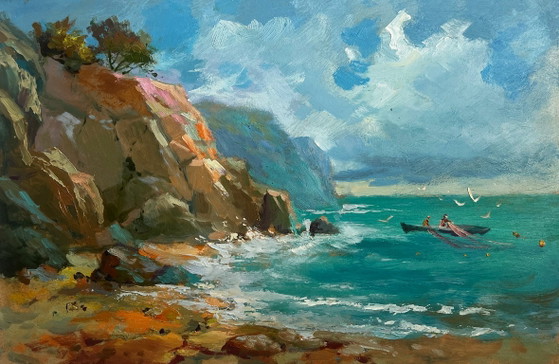 Image 1 of Peinture à l'huile originale représentant un paysage marin côtier. Navigation vers le rivage en bateau.