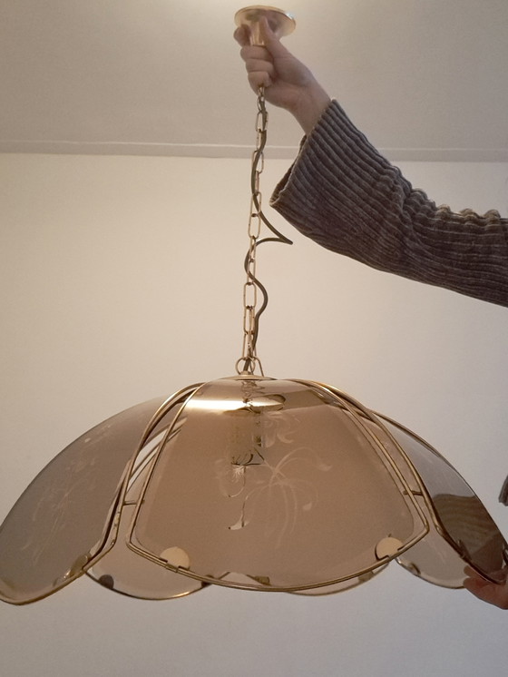 Image 1 of Vintage Hollywood Regency Ceiling Lamp / Pendant Lamp Smoked Glass Brass