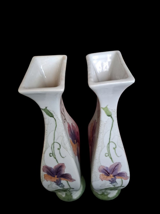 Image 1 of Two Art Nouveau Style Vases 2nd Half 20th Century, Hand-Painted With Flower Representations