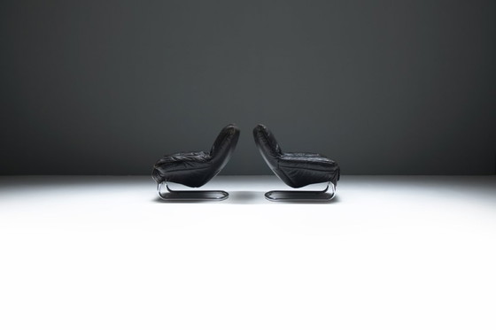 Image 1 of  Very rare black leather cantilever Easy Chairs by Gerard van den Berg - Montis