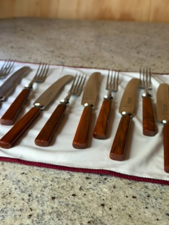 Vintage Carl Voos Solingen German Flatware Set - 12 Piece MCM Knife And Fork Set - Rostfrei Stainless Steel (photo 25 of 32)