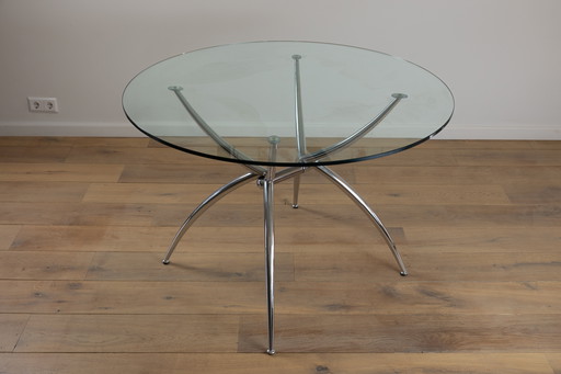 Table de salle à manger ronde Space Age en verre et aluminium chromé
