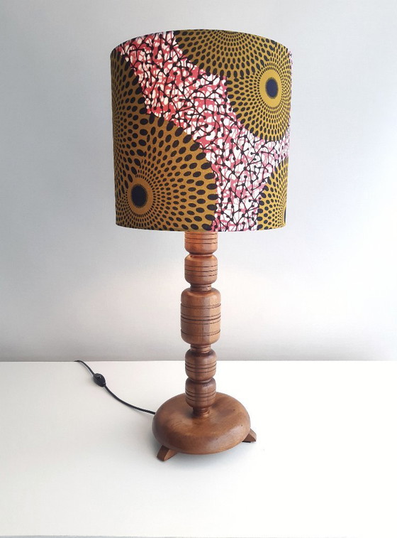 Image 1 of Unique vintage wooden lamp base with handmade lampshade made of African wax fabric