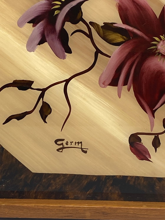 Painted tray under glass, signed Germ, floral bouquet, wood and cylindrical handles – Decorative Objects (photo 3 of 7)