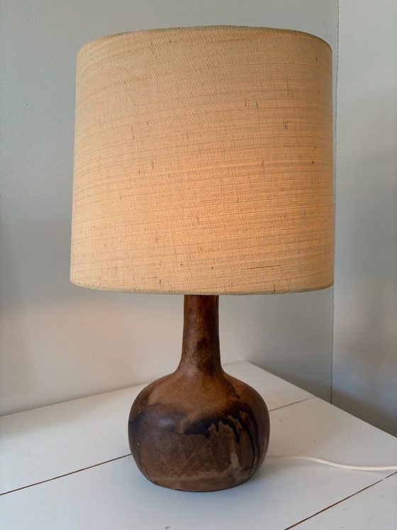 Image 1 of Ceramic table lamp with raffia shade – studio ceramics, matte flow glaze, 1960s/70s