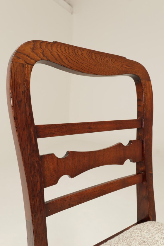 Image 1 of Art deco antieke eetkamerstoel eiken hout sneeuwvlokken stof 1950