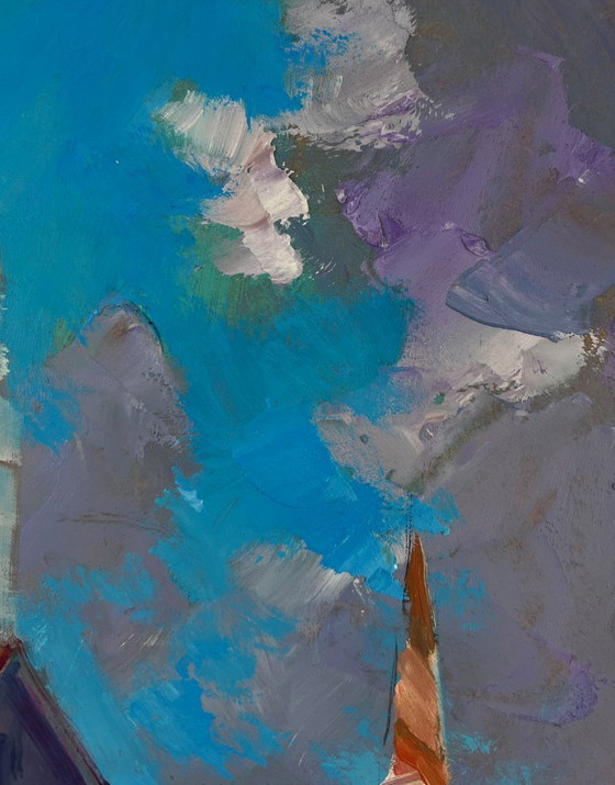 Image 1 of Original Oil Painting Coastal City Landscape The sea gently caresses the buildings