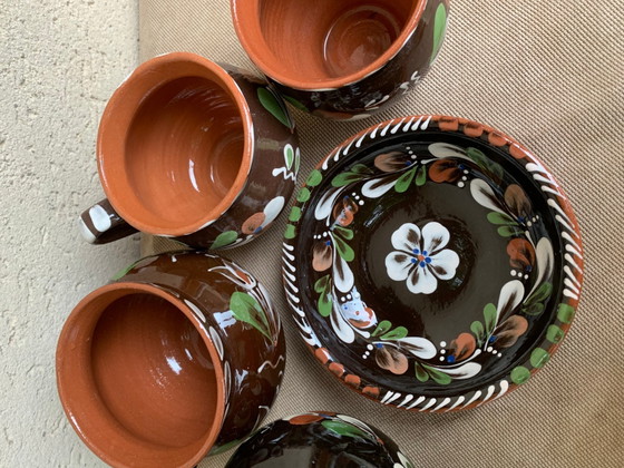 Vintage Hungarian Folk Glazed Ceramic Set by Sarospatak, Set of 5, Crockery, Brown (photo 2 of 7)