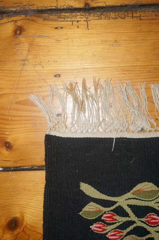 Image 1 of Vintage Oltenian Handwoven Bessarabian Kilim Rug with Birds, Tulips, and Flowers - Romanian Floral Woolen Wall Tapestry
