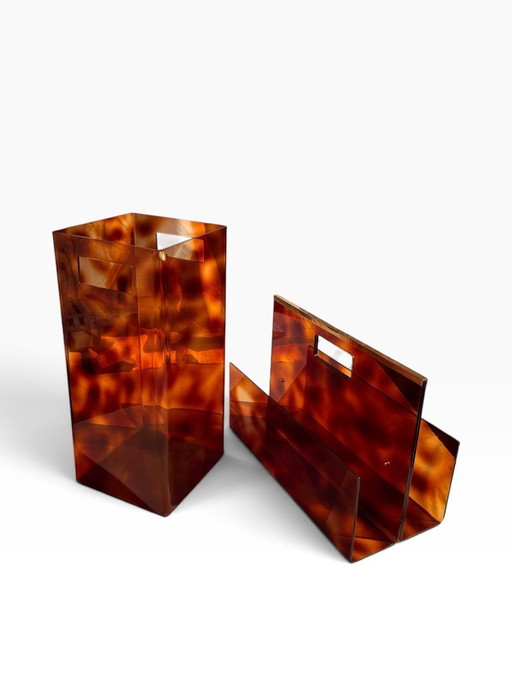 Plexiglas schildpad en messing Tijdschriftenrek en paraplubak 1970