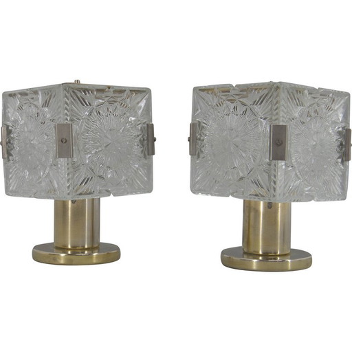 Par de lámparas de mesa vintage de latón y cristal de Kamenicky Senov, 1970