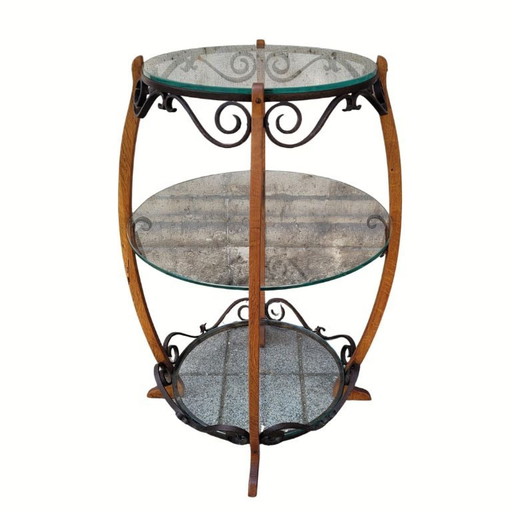 Guéridon en chêne, fer forgé et verre, style milieu du XXe siècle, années 1950 – France