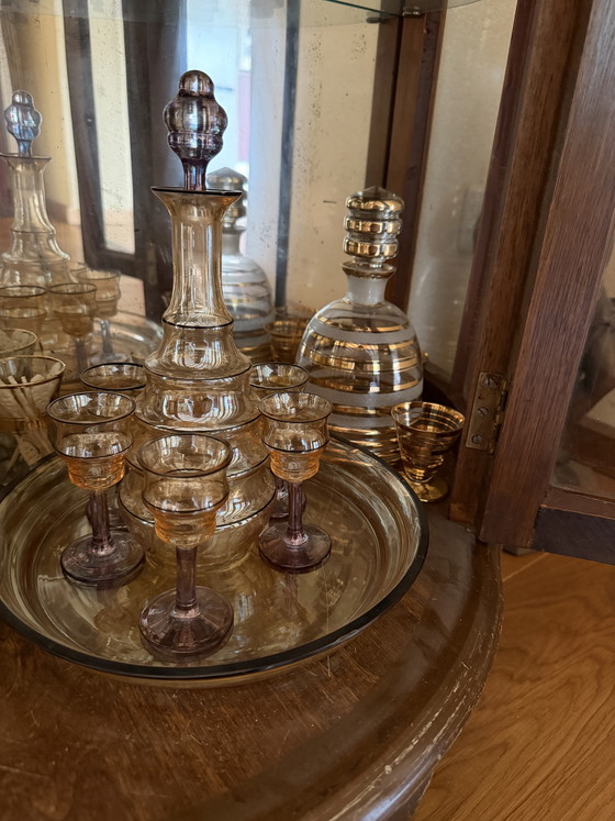 Image 1 of Vintage likeurset, retro karaf met glaasjes en dienblad kom