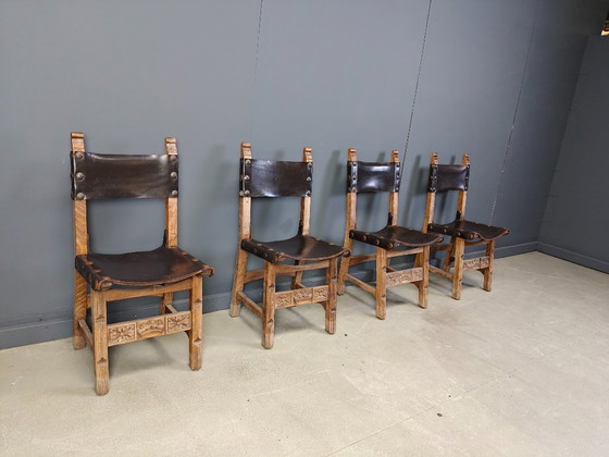 Image 1 of Vintage brutalist leather spanish dining chairs, 1960s