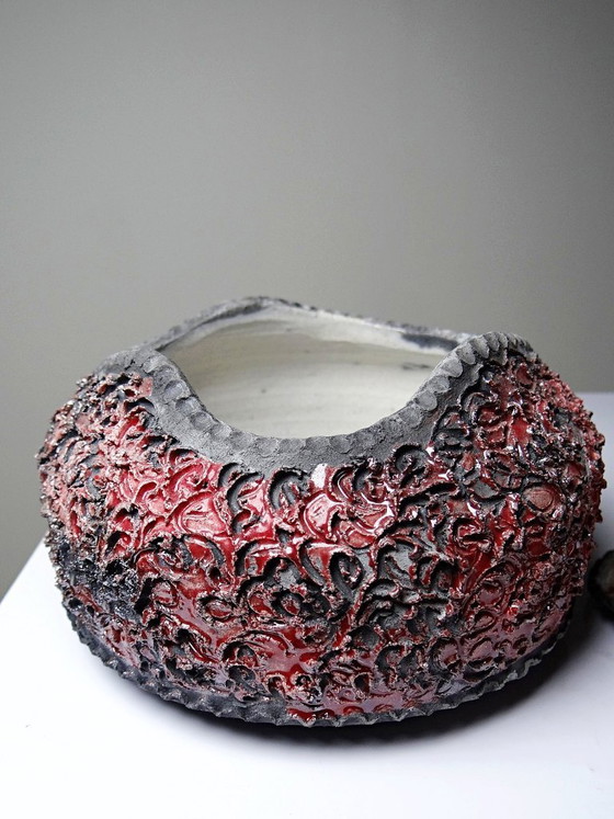 Image 1 of Vintage 2000s handcrafted raku jewelry box in red and grey