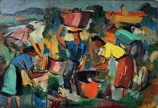 Jean Hourrègue « Les Vendanges » Huile sur carton signée, France, années 1950