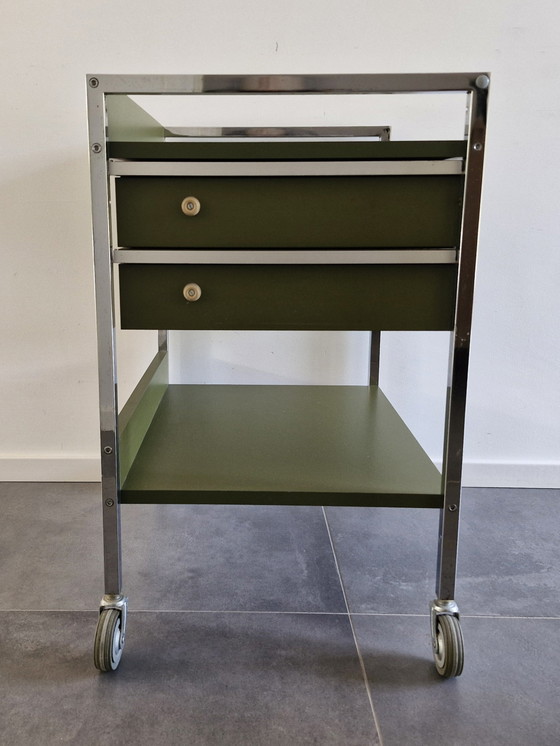 Chariot Vintage (Hôpital), Vert Olive, 2 Tiroirs – Ultrason, Dessertes, Chrome, Metal (photo 7 of 13)