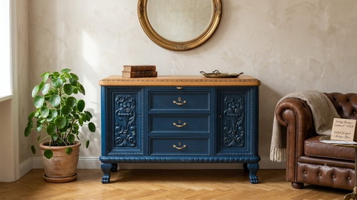Blue Diamond – approx. 150-year-old sideboard/buffet | Navy blue & marble | Shipping included