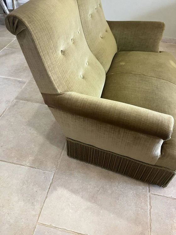vintage double toad sofa in olive green fabric and trimmings – 2 seaters, Velvet, Art Deco (photo 10 of 15)