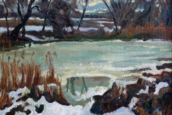 Original Oil Painting Nature Landscape Winter River Clouds Thaw – Paintings & Drawings, Canvas (photo 5 of 5)