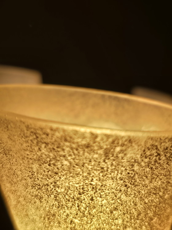 Image 1 of Vintage Mid-Century Brutalist Trumpet Horn Chandelier – Frosted Glass & Patinated Metal