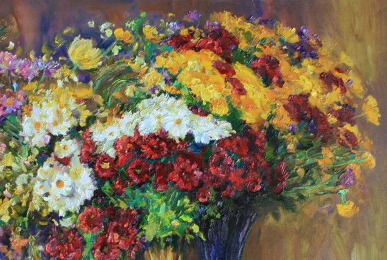 Original Oil Painting Still Life Flowers Autumn Bouquets, Paintings & Drawings, Canvas, Multi Color (photo 3 of 5)