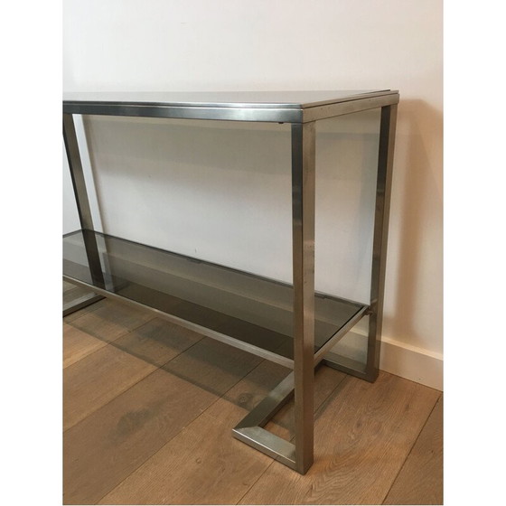 Image 1 of Vintage Console in Brushed Steel and Smoked Glass Trays 1970