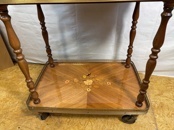 Image 1 of Vintage Italian Inlaid Wood Serving Trolley with Removable Tray Mid-20th Century  A wonderfully elegant piece of mid-century Ita