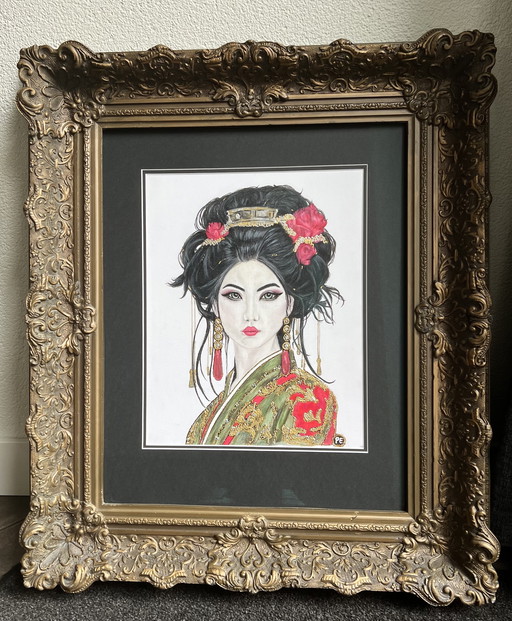 Geisha painting pencil/acrylic old baroque frame
