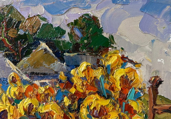 Image 1 of Original Oil Painting Summer Flowers Landscape Sunflower gardens